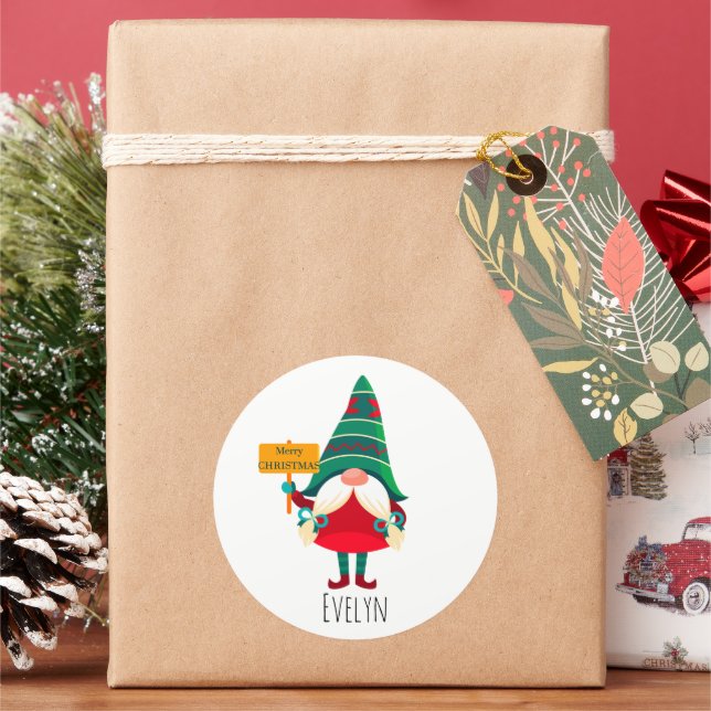 Pegatina Redonda Cute Gnome Holding Placard con saludos (Vacaciones)