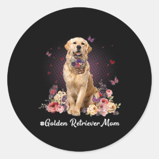 Pegatina Redonda Cute Golden Retriever Mom Flower Happy Mother's