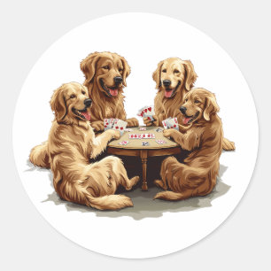Pegatina Redonda Cute Golden Retriever Perro Jugando Cartas