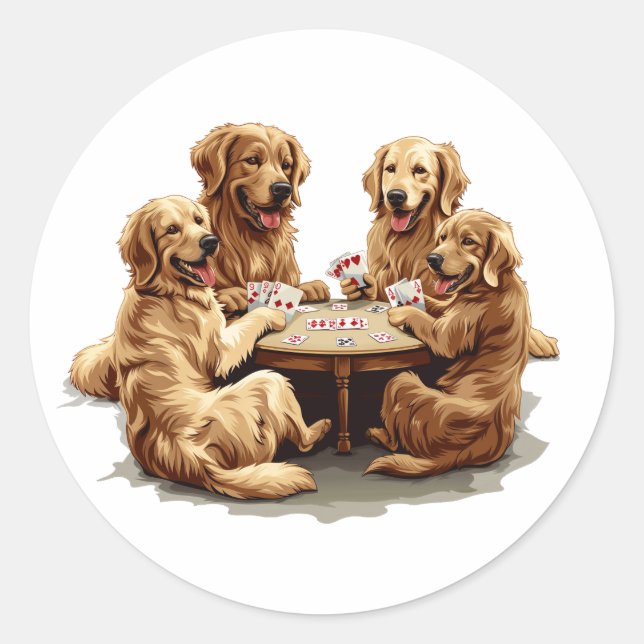 Pegatina Redonda Cute Golden Retriever Perro Jugando Cartas (Anverso)