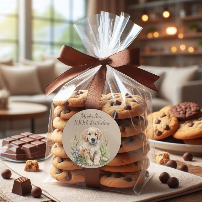 Pegatina Redonda Cute Golden Retriever Puppy 100 cumpleaños (Golden retriever 100th birthday party sticker for favor bags)