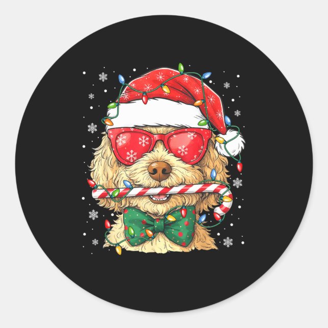 Pegatina Redonda Cute Goldendoodle Santa Hat Xmas Lights Goldendood (Anverso)