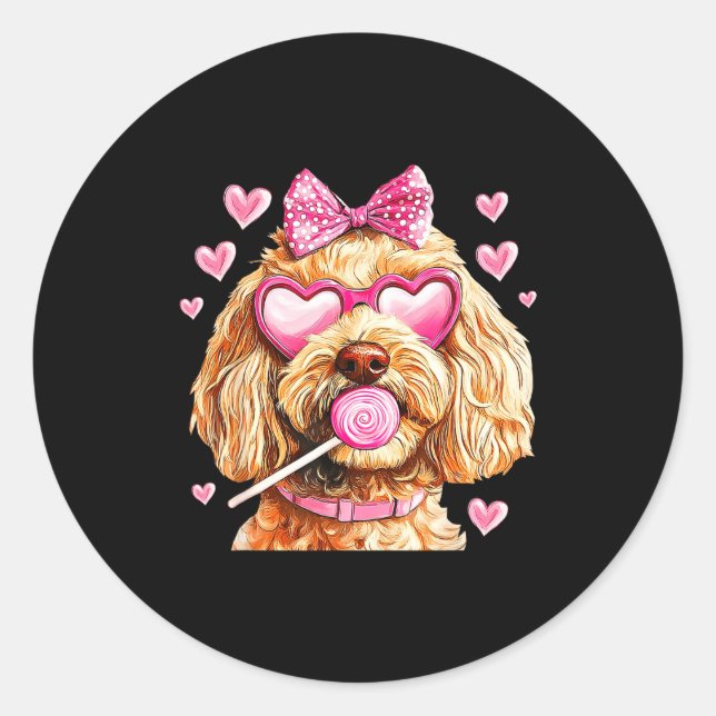 Pegatina Redonda Cute Goldendoodle Wearing Gles Heart Puppy Valenti (Anverso)