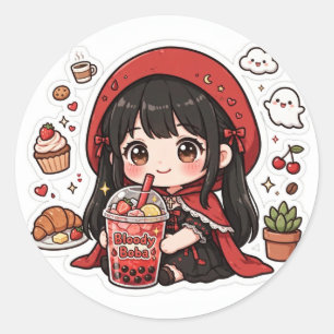 Pegatina Redonda Cute Goth Little Red Riding Hood Boba Tea Hellowee