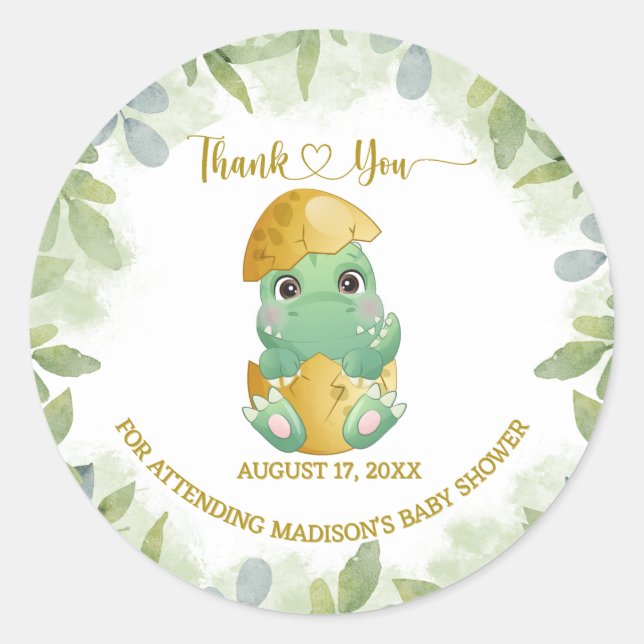 Pegatina Redonda Cute Green Dinosaur Boys Baby Shower (Anverso)