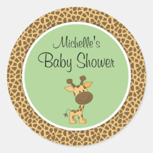 Pegatina Redonda Cute Green Giraffe Gender Neutral Baby Shower