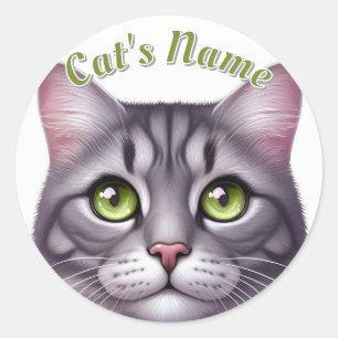 Pegatina Redonda Cute Gris Tabby Shorthtransmitió Cat ・ Personaliza