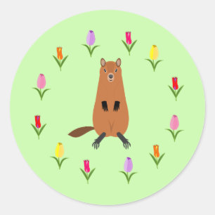 Pegatina Redonda Cute Groundhog y Tulip Flowers