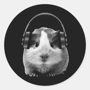 Pegatina Redonda Cute Guinea Pig Escuchando Dubstep