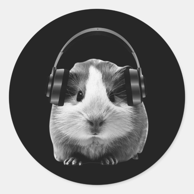 Pegatina Redonda Cute Guinea Pig Escuchando Dubstep (Anverso)