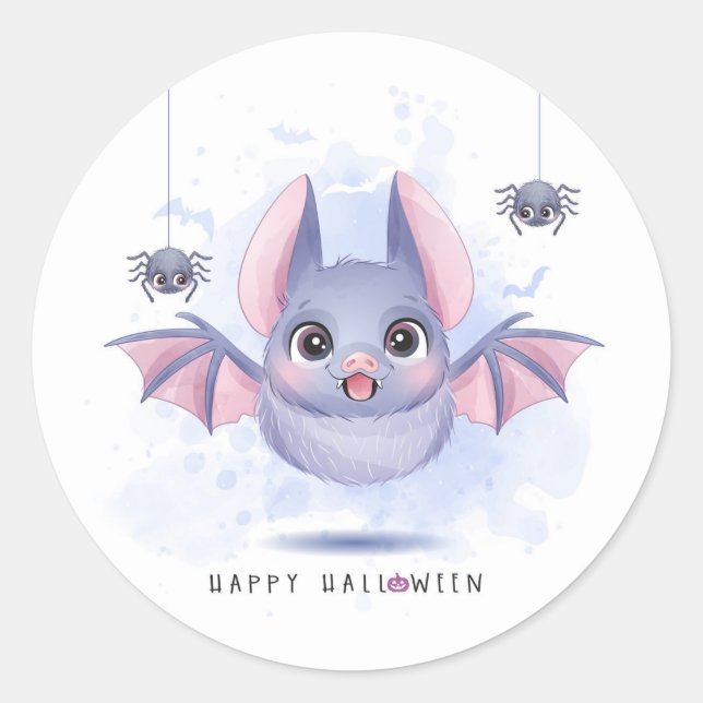Pegatina Redonda Cute Halloween Bat and Spider (Anverso)