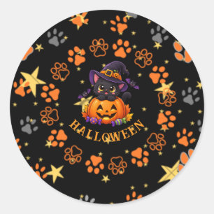 Pegatina Redonda Cute Halloween Black Cat Pumpkin Sticker