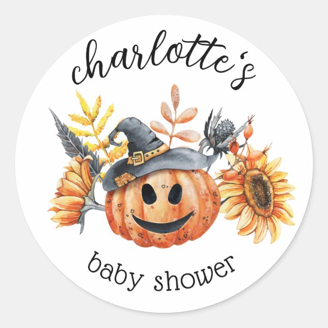 Pegatina Redonda Cute Halloween otoño calabaza Baby Shower (Anverso)