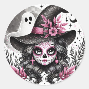 Pegatina Redonda Cute Halloween Sugar Skull Witch