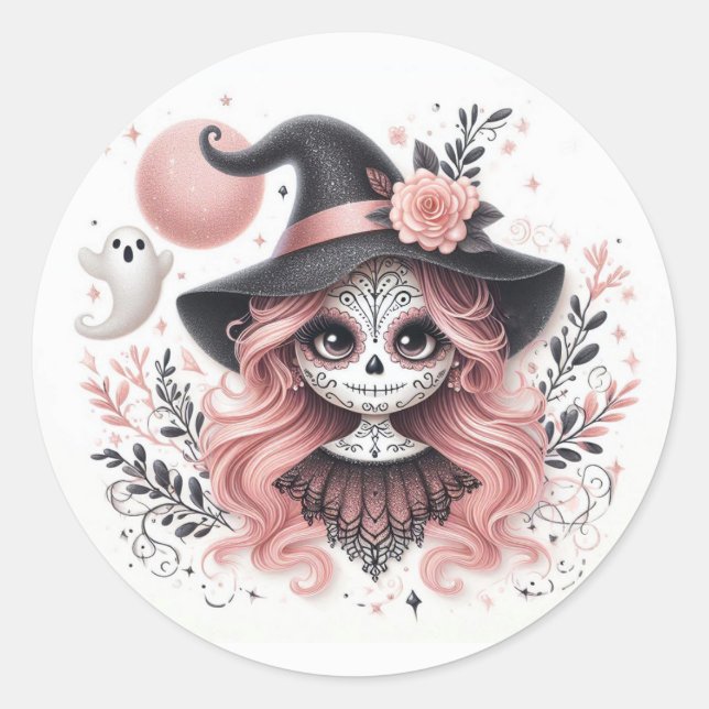 Pegatina Redonda Cute Halloween Sugar Skull Witch (Anverso)