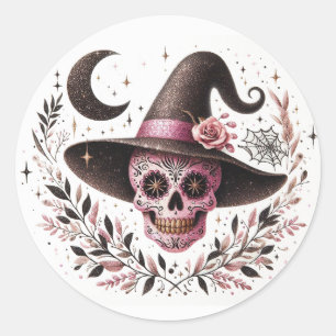 Pegatina Redonda Cute Halloween Sugar Skull Witch