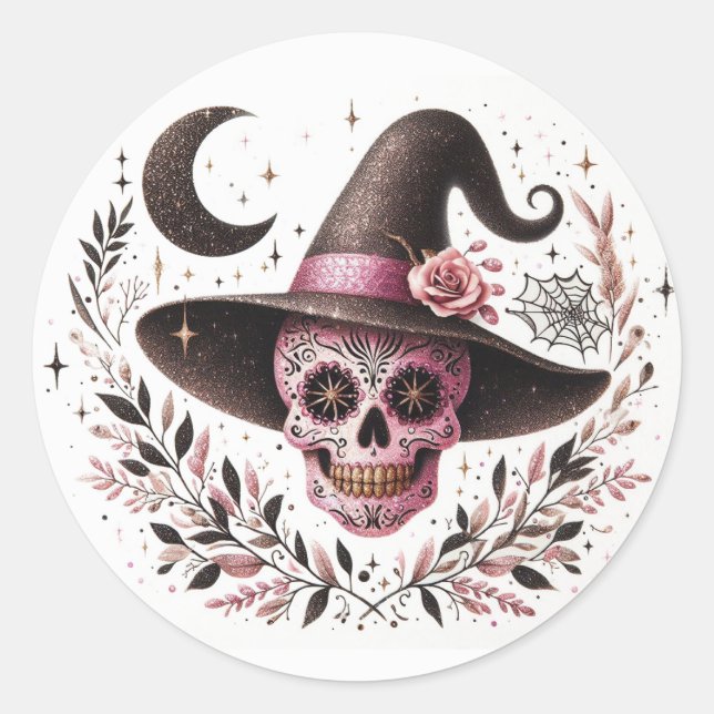 Pegatina Redonda Cute Halloween Sugar Skull Witch (Anverso)