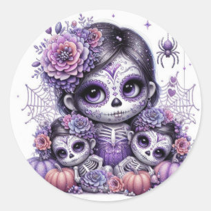 Pegatina Redonda Cute Halloween Sugar Skull Witch
