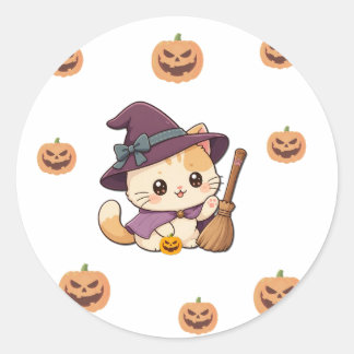 Pegatina Redonda Cute Halloween Witch Cat Sticker