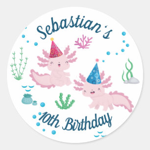 Pegatina Redonda Cute Happy Axolotl White Birday Party