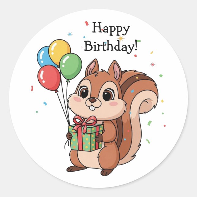 Pegatina Redonda Cute Happy Birthday Squirrel   (Anverso)