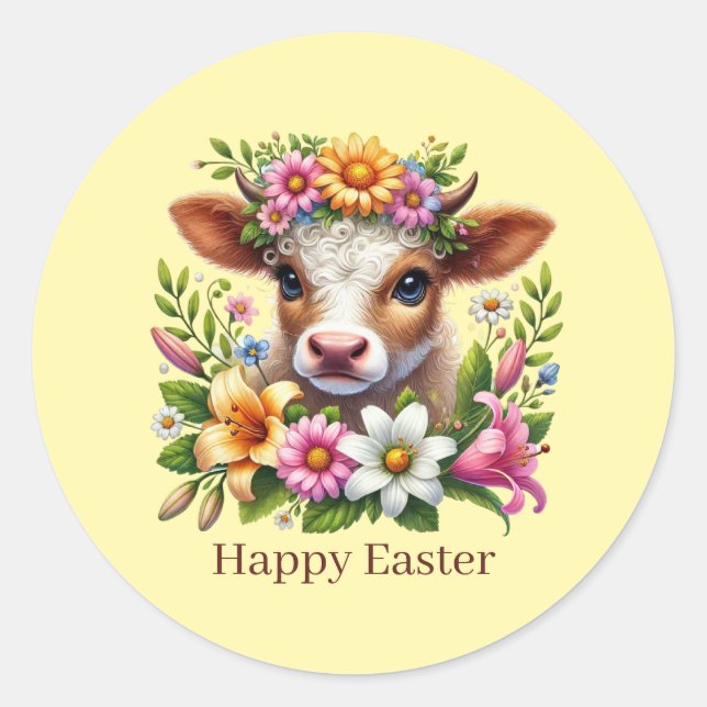 Pegatina Redonda Cute Happy Easter cow  (Anverso)