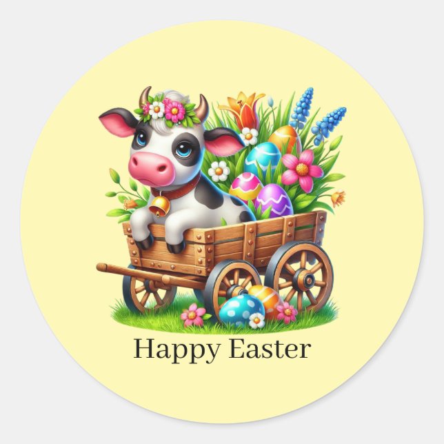 Pegatina Redonda Cute Happy Easter cow  (Anverso)