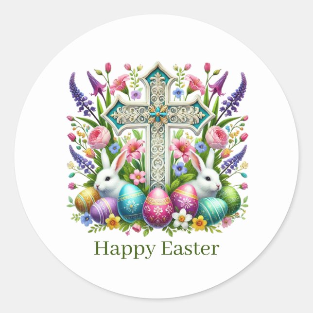 Pegatina Redonda Cute Happy Easter Cross (Anverso)