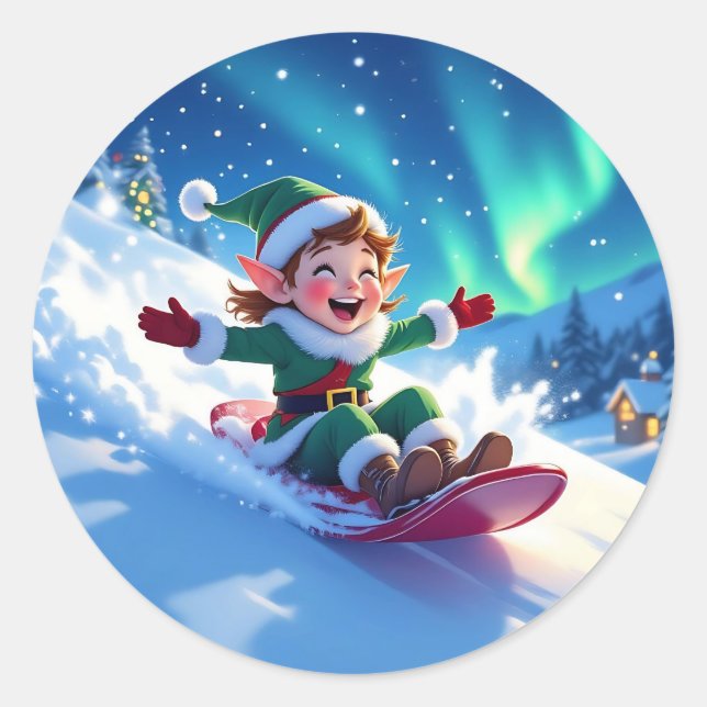 Pegatina Redonda Cute Happy Elf Sledding Christmas (Anverso)
