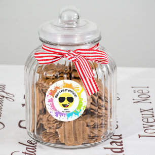 Pegatina Redonda Cute Happy Face,Aviator Glasses,Fun First Birday