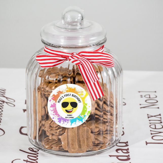 Pegatina Redonda Cute Happy Face,Aviator Glasses,Fun First Birday (Subido por el creador)