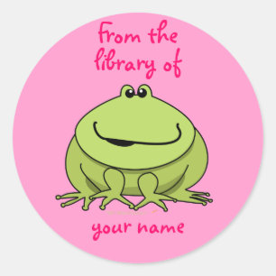Pegatina Redonda Cute Happy Frog Pink Personalized Kids Bookplate
