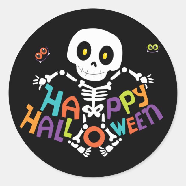 Pegatina Redonda Cute Happy Halloween Skeleton (Anverso)