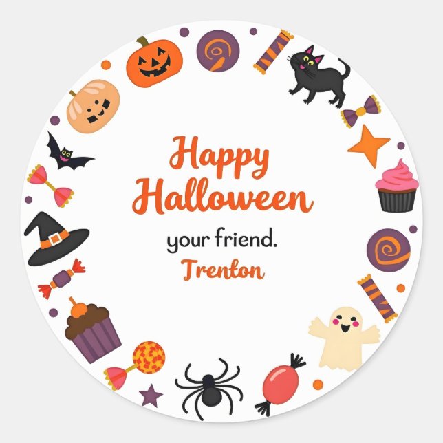 Pegatina Redonda Cute Happy Halloween Sticker with Candy and Ghost (Anverso)