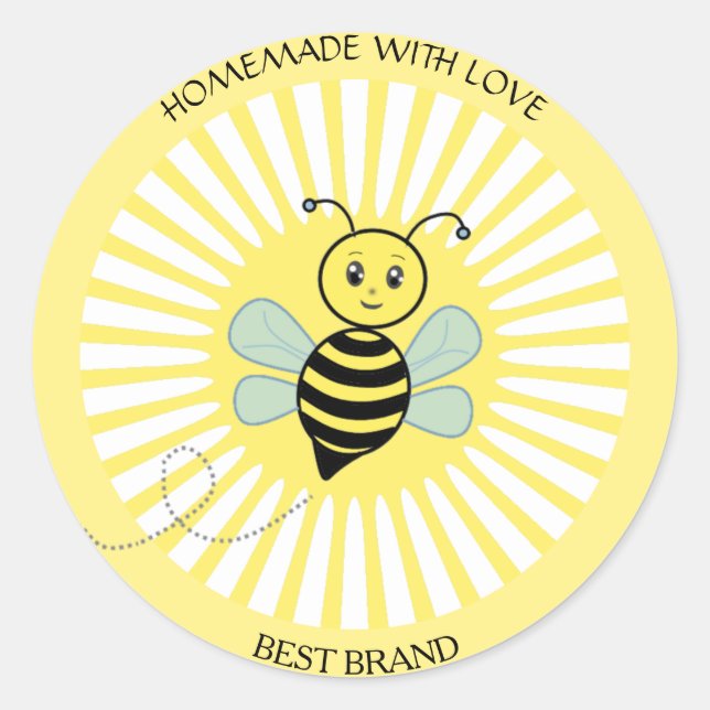Pegatina Redonda Cute Happy Honeybee Jar Label & Sun Rays Casero (Anverso)