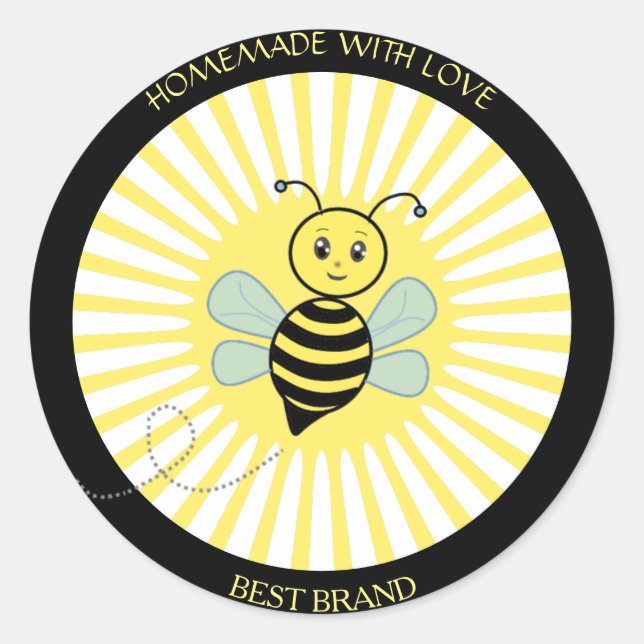 Pegatina Redonda Cute Happy Honeybee Jar Label & Sun Rays Casero (Anverso)
