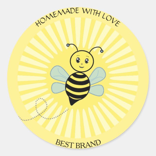 Pegatina Redonda Cute Happy Honeybee Jar Label & Sun Rays Casero (Anverso)