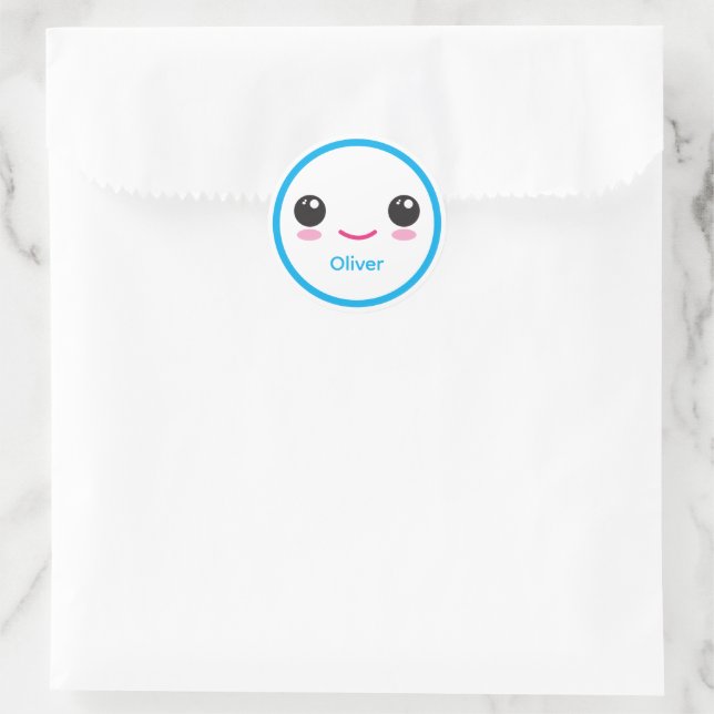 Pegatina Redonda Cute Happy Kawaii Smile Customizable Sticker Blue (Bolso)