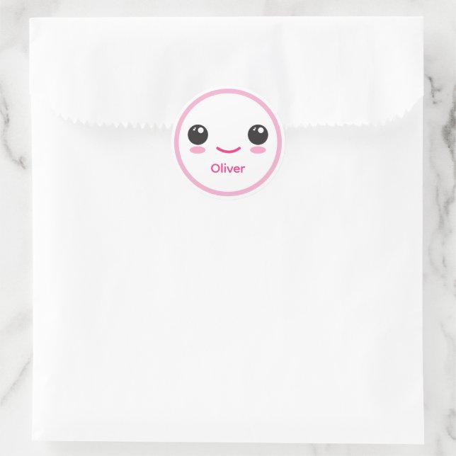 Pegatina Redonda Cute Happy Kawaii Smile Customizable Sticker Pink (Bolso)