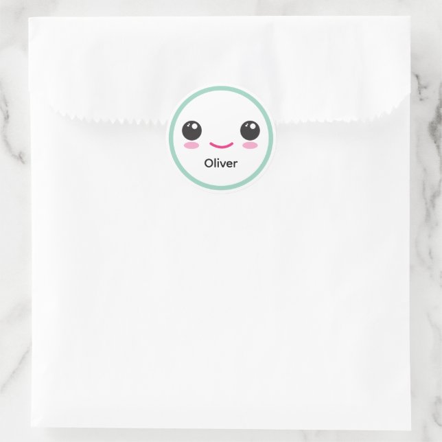 Pegatina Redonda Cute Happy Kawaii Smile Customizable Sticker Teal (Bolso)