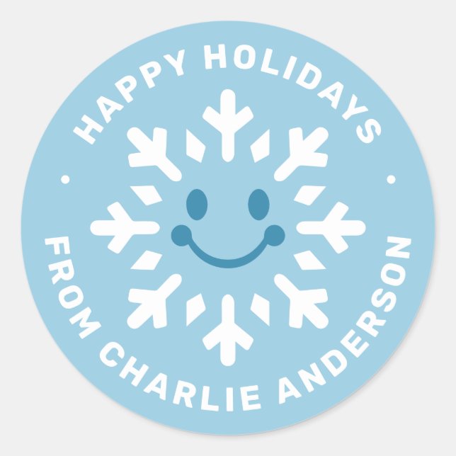 Pegatina Redonda Cute happy snowflake Happy Holidays blue winter (Anverso)