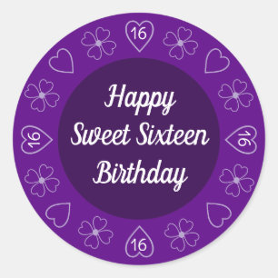 Pegatina Redonda Cute Happy Sweet 16 Cumpleaños Purple Festive