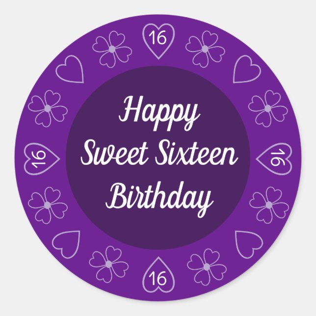 Pegatina Redonda Cute Happy Sweet 16 Cumpleaños Purple Festive (Anverso)