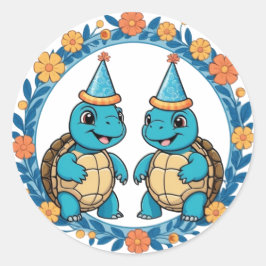 Pegatina Redonda Cute Happy Turtle Birday Party