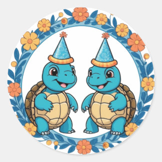 Pegatina Redonda Cute Happy Turtle Birday Party