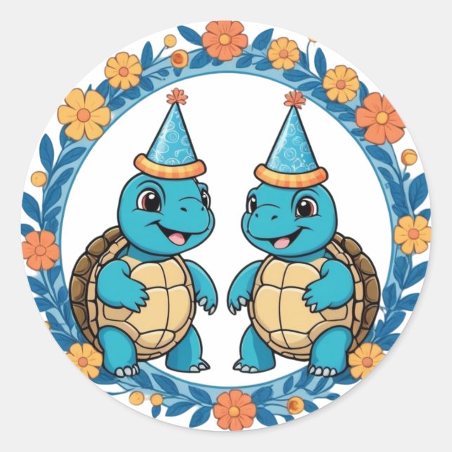 Pegatina Redonda Cute Happy Turtle Birday Party (Anverso)