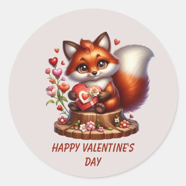 Pegatina Redonda Cute Happy Valentine's day fox  (Anverso)