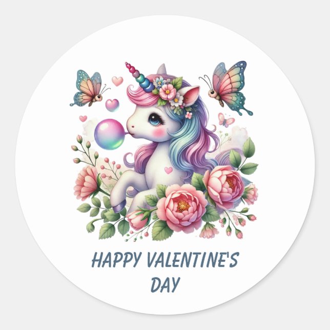 Pegatina Redonda Cute Happy Valentine's Day unicorn  (Anverso)