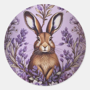 Pegatina Redonda Cute Hare Con Lavanda Inspirada William Morris