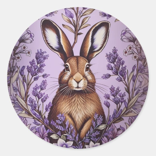 Pegatina Redonda Cute Hare Con Lavanda Inspirada William Morris (Anverso)